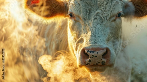 Cow's face with methane emission visuals illustrating the impact of flatulence and burping photo