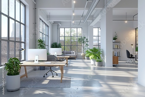 Modern Office Space with White Walls and Large Windows, Featuring Computers on Desks, Open Plan Area for Team Collaboration, and Plants for a Green and Inviting Environment