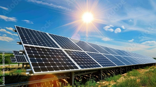 Solar farm with rows of photovoltaic panels under the bright sun.