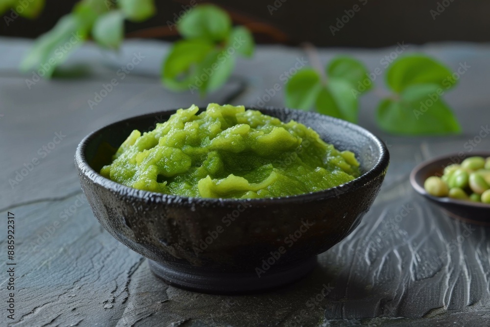 Bowl of edamame paste made with soy beans, served as a condiment Bowl of edamame paste made with soy beans, served as a condiment