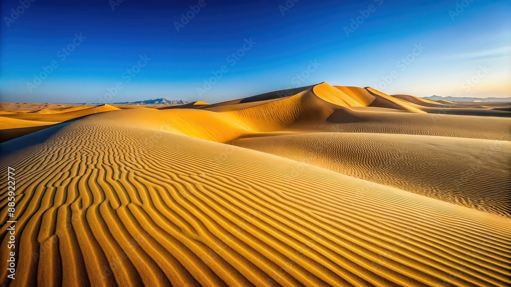 Naklejka premium Sand dunes in a vast desert landscape with clear blue sky , desert, sand, dunes, landscape, arid, dry, hot, nature