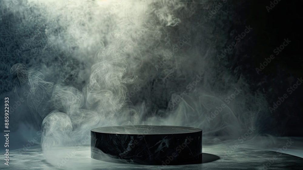 Dark room with a black marble table podium and dense smoke filling the space Dark room with a black marble table podium and dense smoke filling the space