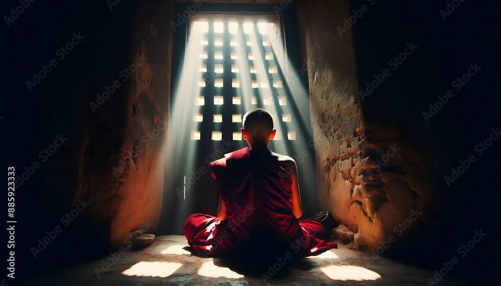 A monk is wearing a red cassock. The surrounding environment is dim. A monk is wearing a red cassock. The surrounding environment is dim.