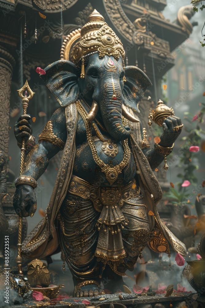 Fototapeta premium Majestic Ganesha Adorned in Gold and Jewels