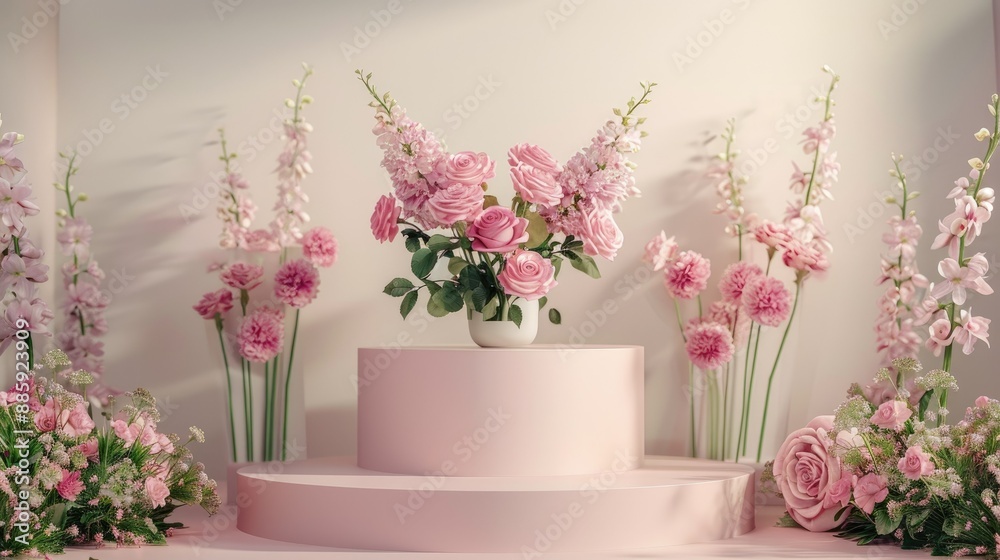 Pink roses and floral decorations on a podium, ideal for elegant spring product displays Pink roses and floral decorations on a podium, ideal for elegant spring product displays
