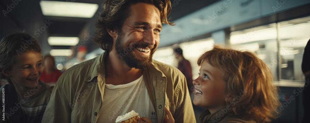 Happy man with two kids at an outdoor event, sharing a light moment and smiles, showcasing joy, family bonding, and togetherness. Happy man with two kids at an outdoor event, sharing a light moment and smiles, showcasing joy, family bonding, and togetherness.