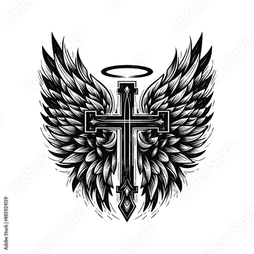 Angelic Wings and Cross, Create an abstract fusion of angelic wings forming the shape of a cross