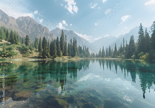 Serene Mountain Lake Reflection in Kyrgyzstan photo