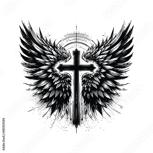 Angelic Wings and Cross, Create an abstract fusion of angelic wings forming the shape of a cross