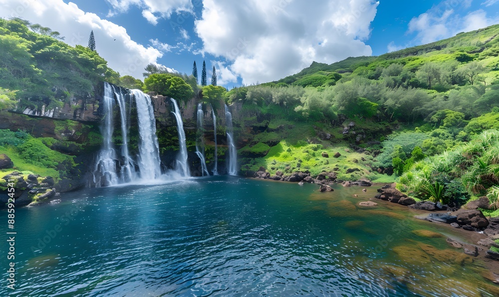 Fototapeta premium Majestic Waterfall Cascading in Lush Hawaiian Forest