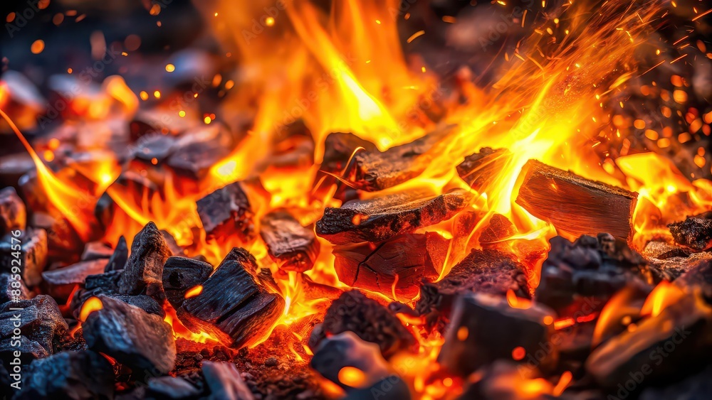 Closeup image of burning coals with glowing sparks , flames, heat, fire, embers, grill, barbecue, charcoal, combustion, smoldering Closeup image of burning coals with glowing sparks , flames, heat, fire, embers, grill, barbecue, charcoal, combustion, smoldering