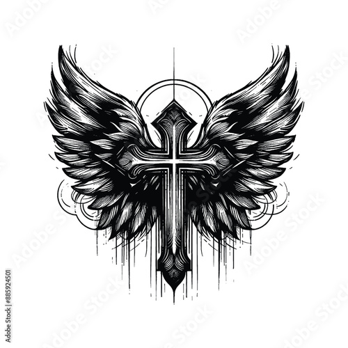 Angelic Wings and Cross, Create an abstract fusion of angelic wings forming the shape of a cross