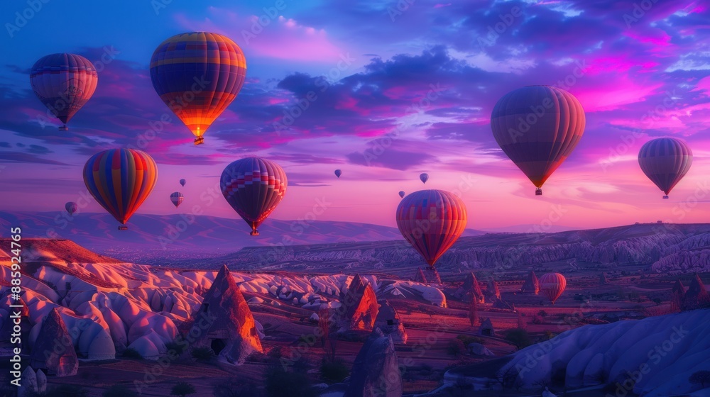 Obraz premium Hot Air Balloons Soaring Over Cappadocia at Sunset