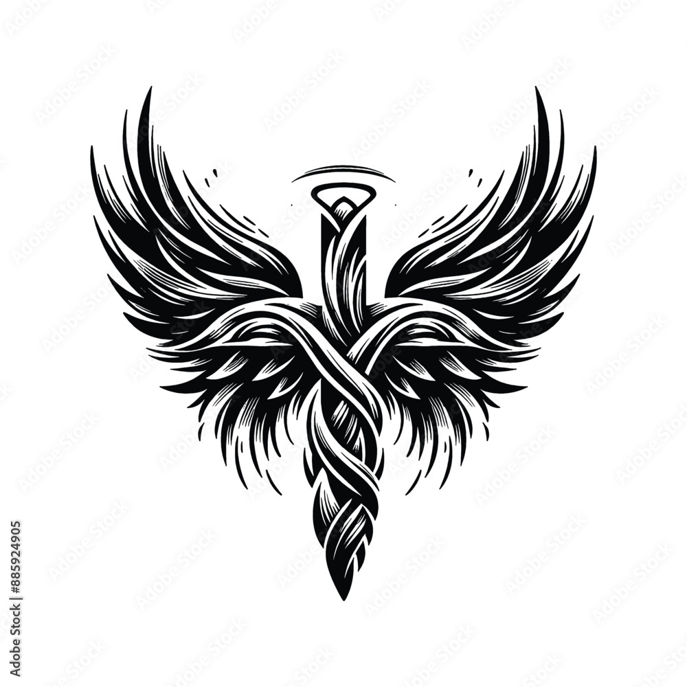 Obraz premium Angelic Wings and Cross, Create an abstract fusion of angelic wings forming the shape of a cross