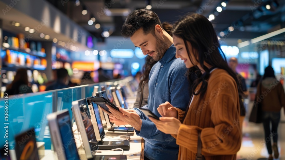A couple shopping for electronics in a modern tech store, comparing different gadgets and devices