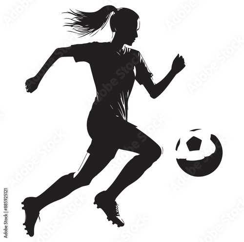  Female soccer football player silhouette vector on white background.
