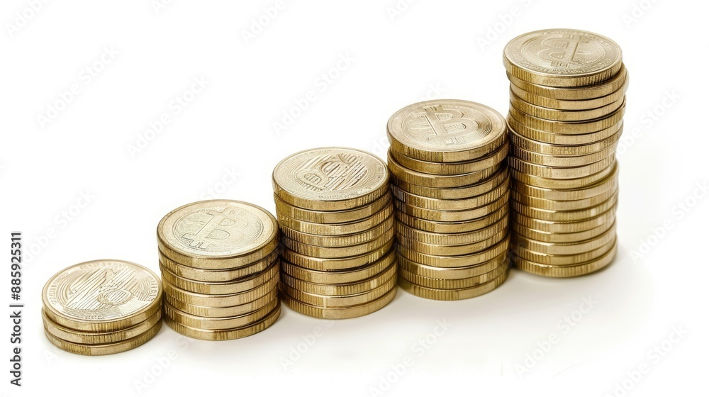 Coins creating a stepped graph, illustrating gradual financial increase. Coins creating a stepped graph, illustrating gradual financial increase.