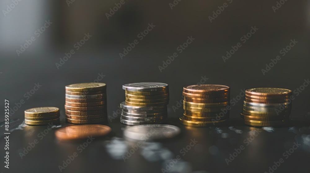 Different sizes of coin stacks arranged in a histogram chart. Different sizes of coin stacks arranged in a histogram chart.