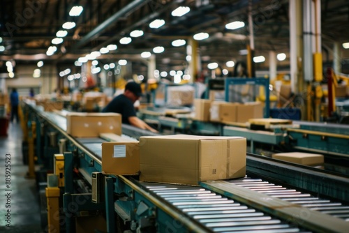 Cardboard boxes moving on a conveyor belt in a distribution warehouse with factory workers in the background © ylivdesign