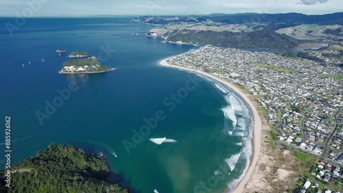 Aerial View Of The Whangamata Holiday Destination On The Coromandel Peninsula, North Island In New Zealand. photo