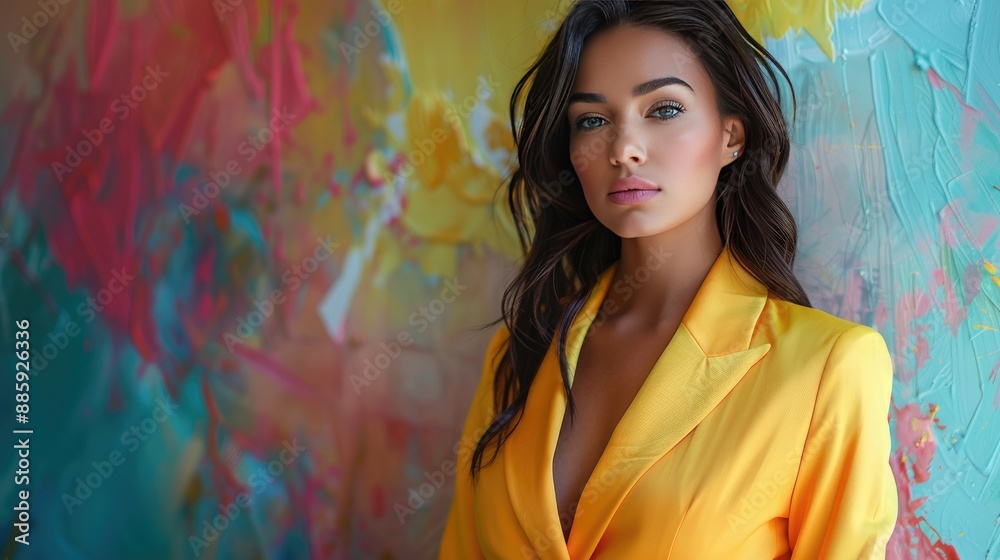 Elegant Woman Posing Against Vivid Abstract Art Background in Bright Yellow Suit Elegant Woman Posing Against Vivid Abstract Art Background in Bright Yellow Suit