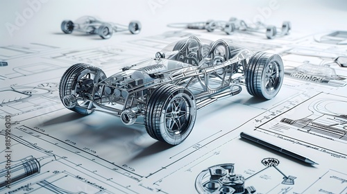 Blueprint of a Racing Car with Detailed Engineering Drawings, Automotive Design

