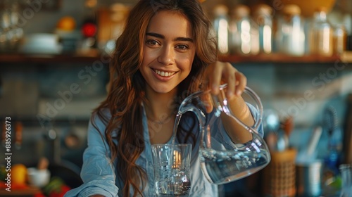 Young Woman Pouring Water into Glass in Cozy Kitchen Setting