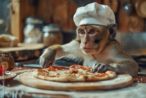 Monkey Chef Preparing Pizza in a Rustic Kitchen - Fun, Cute, and Creative Animal Stock Photo photo