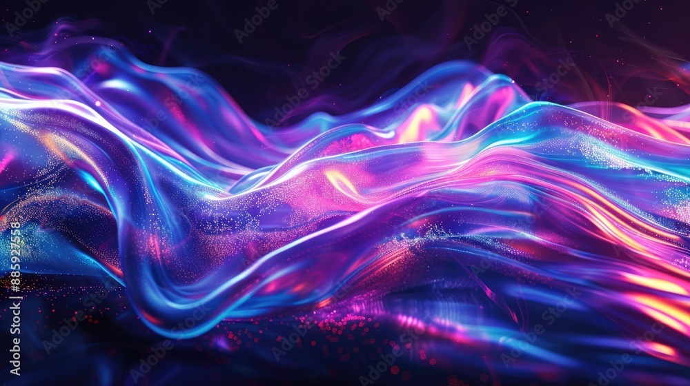 Abstract liquid glass holographic iridescent neon curved wave in motion dark background Abstract liquid glass holographic iridescent neon curved wave in motion dark background