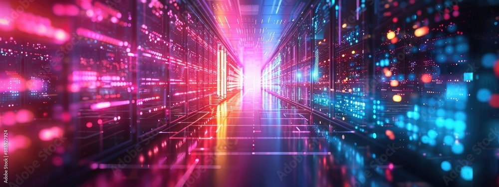 Futuristic Data Center with Neon Lights and High-Tech Servers Futuristic Data Center with Neon Lights and High-Tech Servers