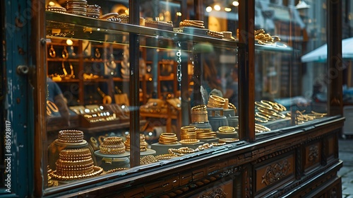 Grand market window with jewelers and bracelets made of gold