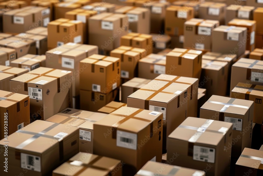Countless cardboard boxes are stacked and waiting to be shipped in a distribution warehouse Countless cardboard boxes are stacked and waiting to be shipped in a distribution warehouse