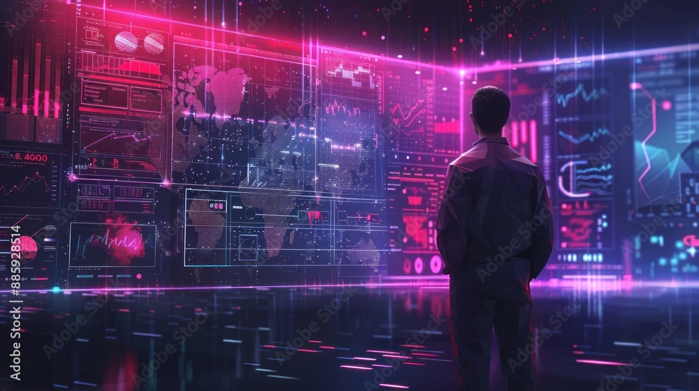 Man Observing Data on a Digital Wall Man Observing Data on a Digital Wall