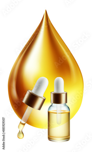 Transparent glass dropper bottle concept of biotin serum hair care protection Golden pipette. Clear glass package. Serum dispenser. 3d vector mockup