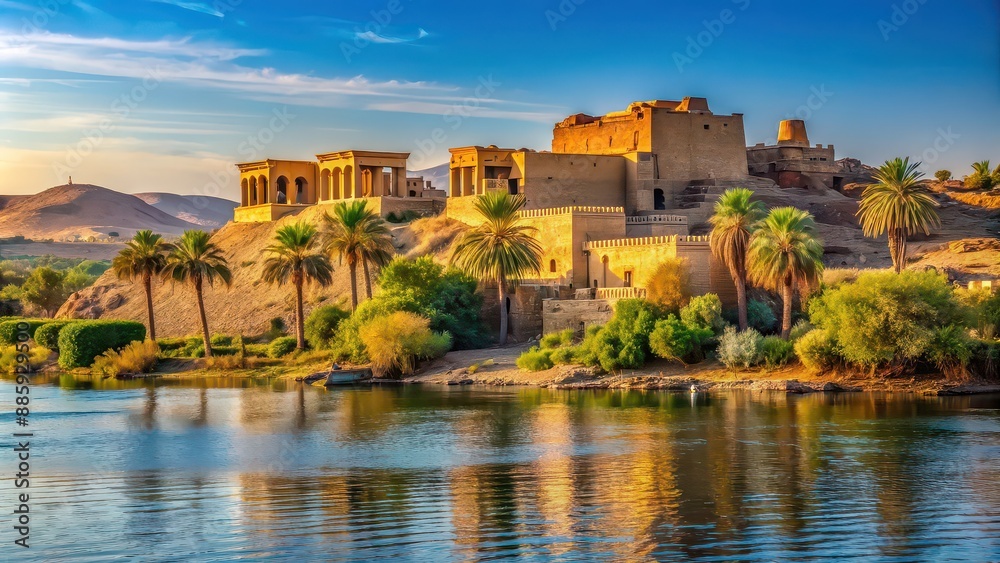 Obraz premium Explore the fascinating mysteries of ancient Egyptian palaces and tombs along the Nile River, Egypt, Nile, Egyptian
