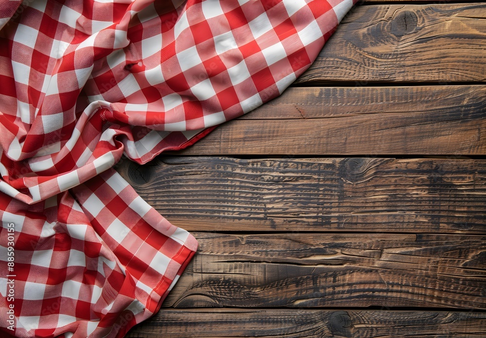 Red Checkered Tablecloth On Wooden Background