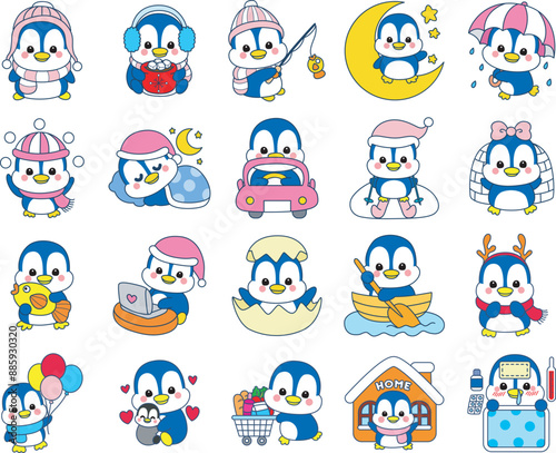 Illustration of cute penguin icon.
Funny penguin in cold weather elements.
