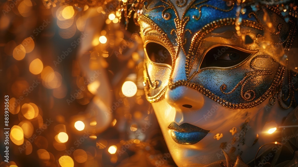 Golden and Blue Venetian Mask with Festive Lights Golden and Blue Venetian Mask with Festive Lights
