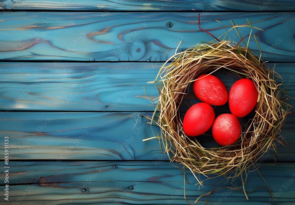 Fototapeta premium Red Easter Eggs Nestled in Hay on Blue Wood