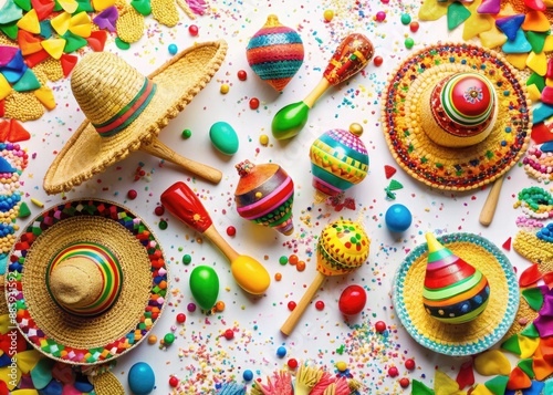 Vibrant sombreros, maracas, and piñatas amidst confetti and bold geometric shapes create a lively, whimsical celebration of Mexican heritage on a bright white background.