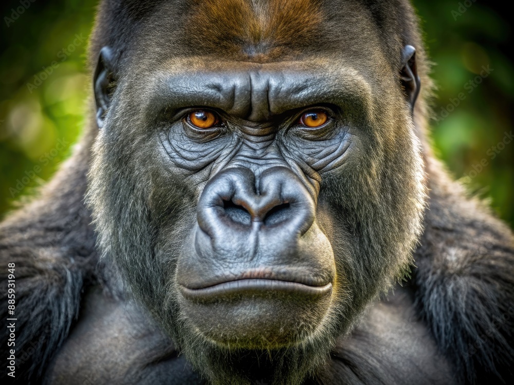 Powerful adult gorilla stares intensely into the lens, its piercing eyes and strong facial features exuding dominance and wild instinct. Powerful adult gorilla stares intensely into the lens, its piercing eyes and strong facial features exuding dominance and wild instinct.