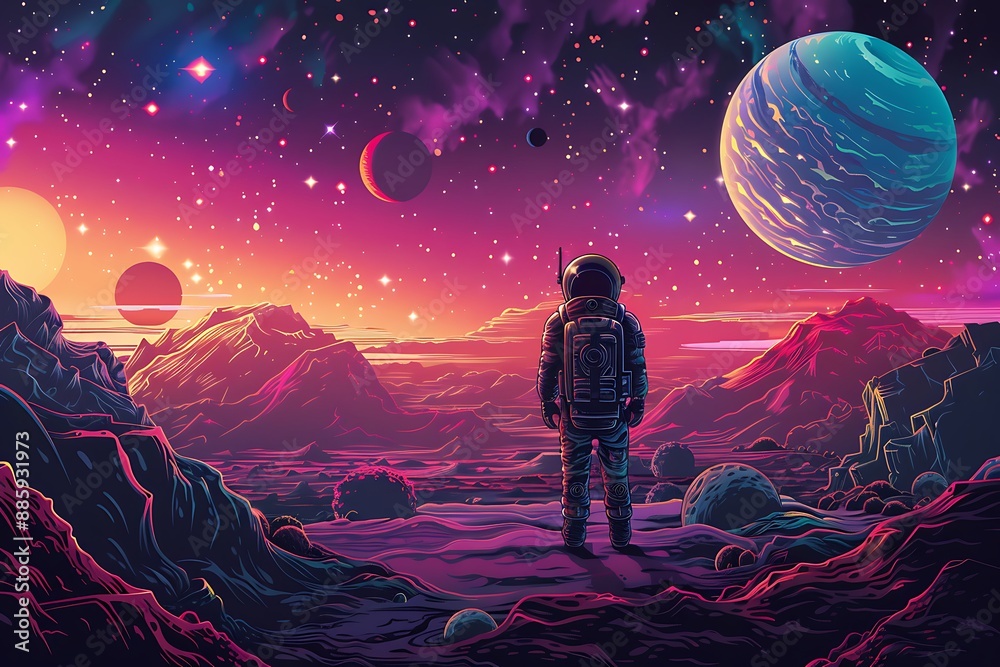 Astronaut in awe of the alien landscape gazes at a distant planet under a vibrant starry sky Astronaut in awe of the alien landscape gazes at a distant planet under a vibrant starry sky