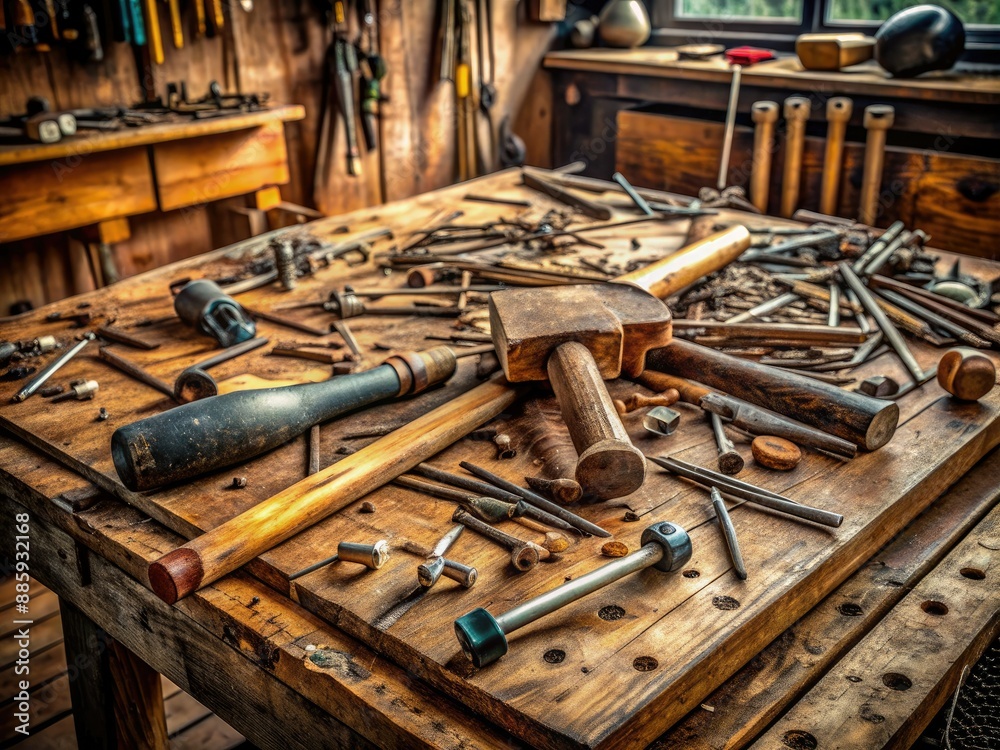 A worn wooden workbench cluttered with rusty hammers, scattered nails, and wooden planks, showcasing a chaotic workshop atmosphere with DIY project remnants. A worn wooden workbench cluttered with rusty hammers, scattered nails, and wooden planks, showcasing a chaotic workshop atmosphere with DIY project remnants.