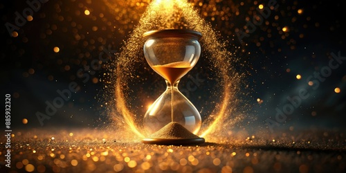 Timeless hourglass stands alone on inky black background, radiant golden sand flowing mesmerizingly, sprinkled with tiny sparks, radiating an otherworldly ethereal glow.