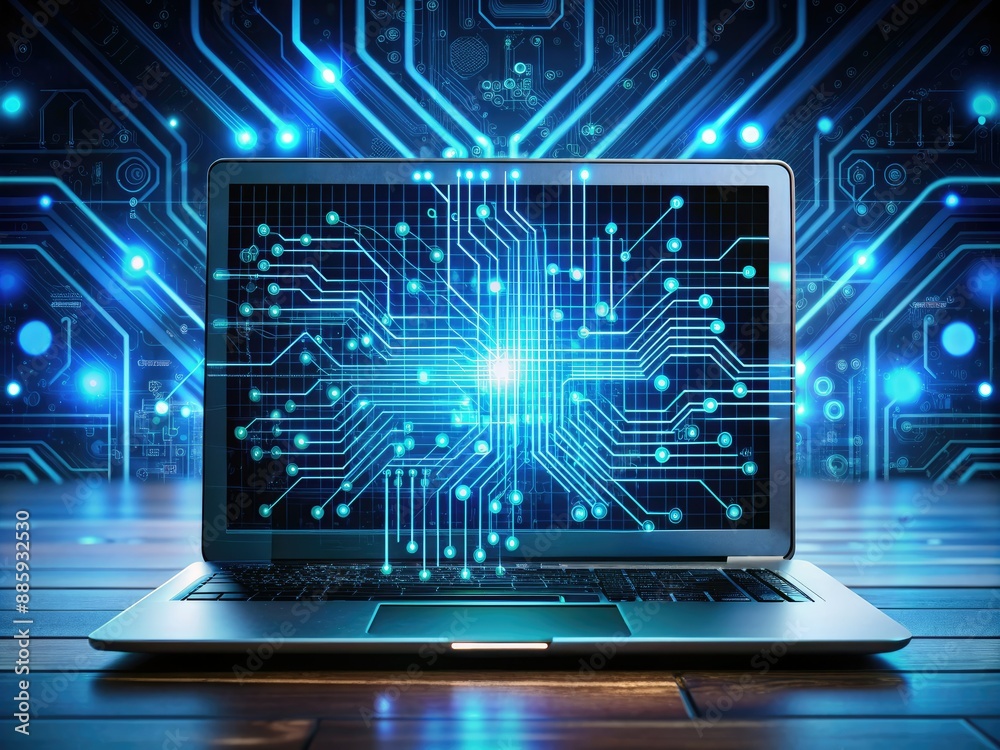 A sleek laptop displays complex code and data visualizations on its screen, surrounded by wires and circuit boards, symbolizing AI-driven data management and machine learning innovation.