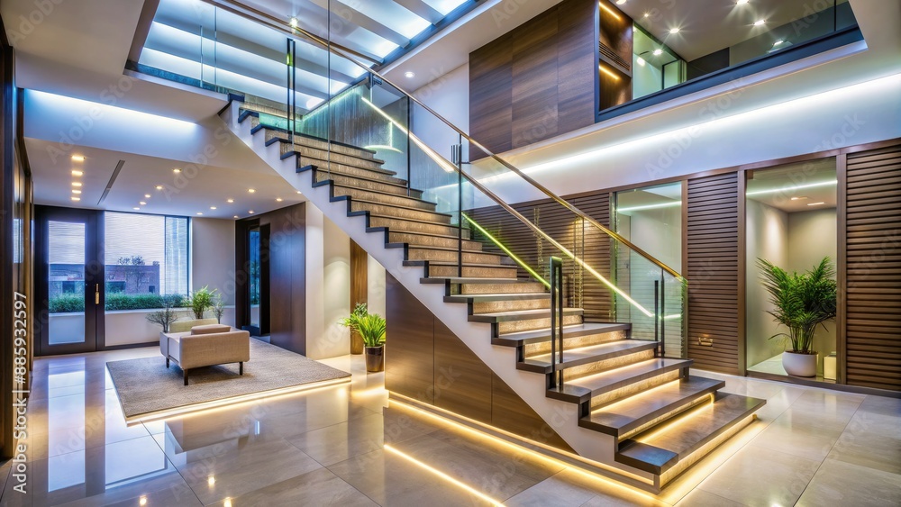 Obraz premium Modern interior space with sleek LED lighting system, illuminating a staircase and promoting energy efficiency, sustainability, and ambiance in a commercial or residential setting.