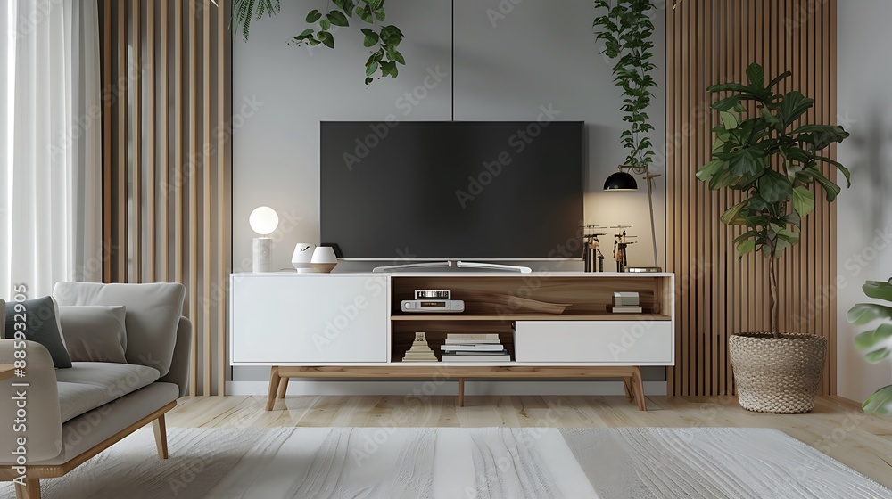 Modern living room interior with TV sofa and plants Modern living room interior with TV sofa and plants