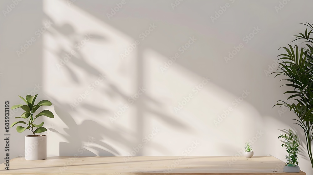 Minimalist display of potted plants on a wooden table with shadows on the wall Minimalist display of potted plants on a wooden table with shadows on the wall