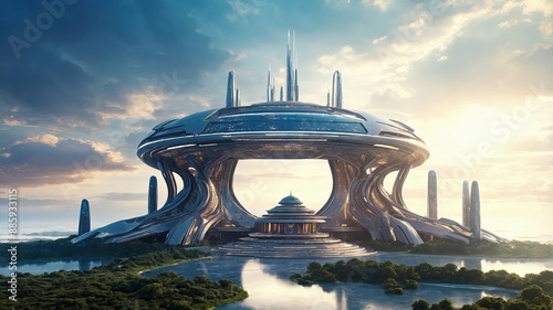 a mystical temple of the futurictic architecture, at the horizon