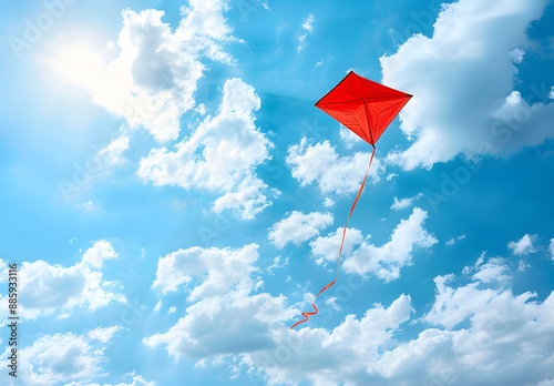 Red Kite Flying High in Blue Sky